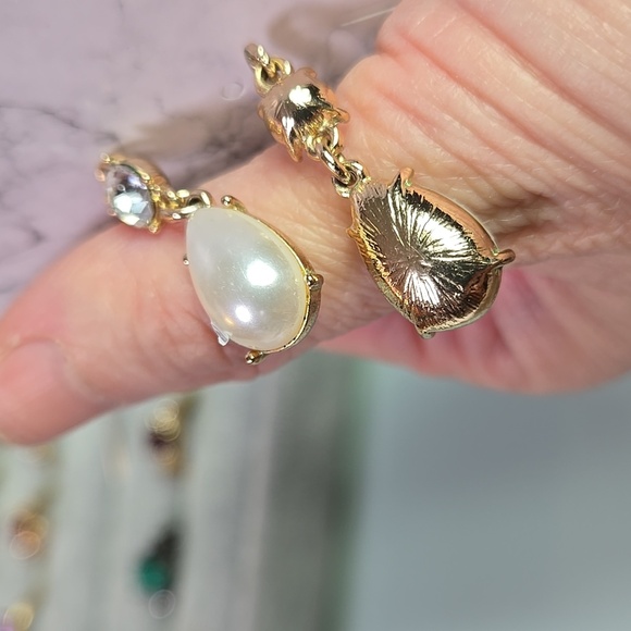 Gold Tone Silver Fuax Pearl Drop Earrings - Picture 10 of 17